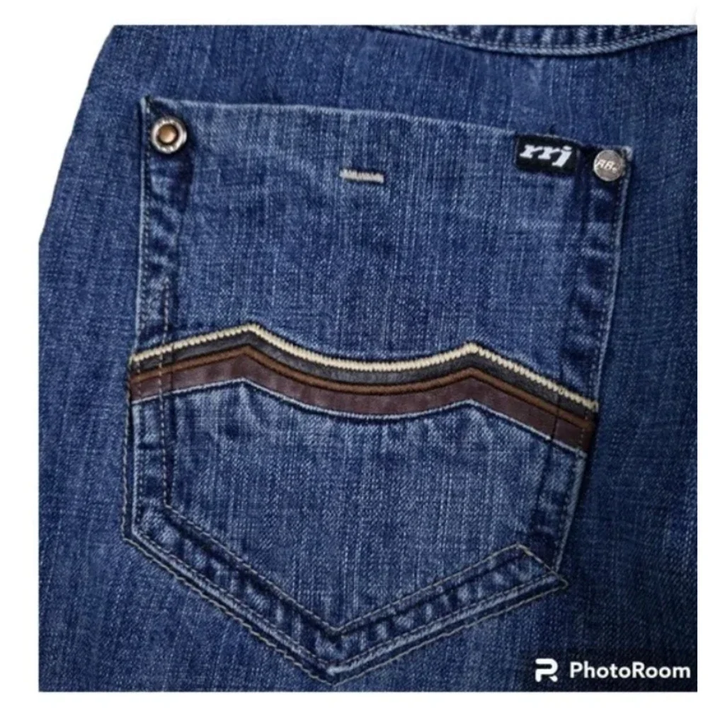 RRJ Original Jeans Men's Straight Blue Jeans Size 34 Blue Embroidered 5 Pocket